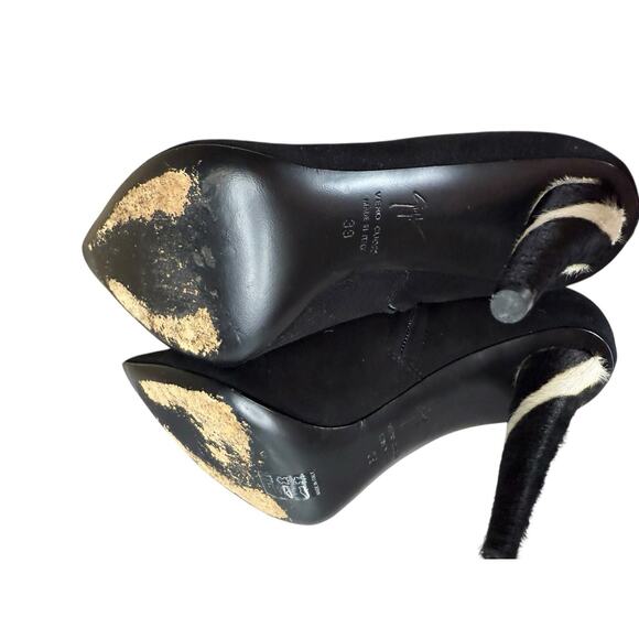 Giuseppe Zanotti Black Suede Booties 39 US 9 Pony Hair Zebra Heel Ankle Zip - Picture 8 of 9